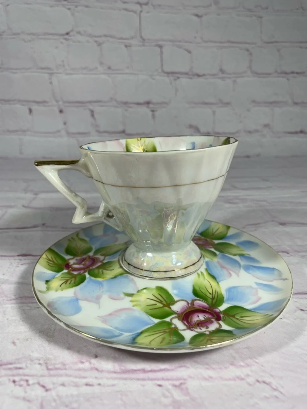 Vintage Royal Carlton 7865 Iridescent Floral Gold Trim Footed Teacup and Saucer